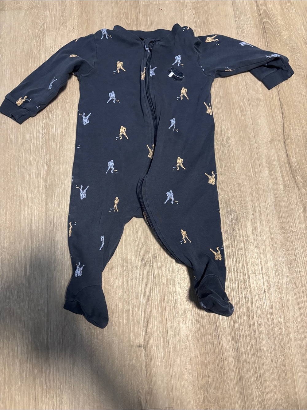 Pekkle Baby Navy Footed One-Piece Pajamas with Hockey Print